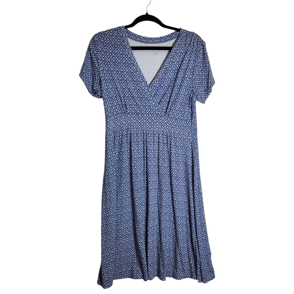 LL Bean Womens Blue Geometric V-Neck Empire Waist Dress M Petite 506813